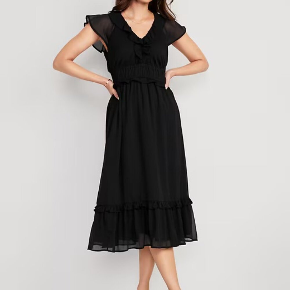 Old Navy Waist-Defined Flutter-Sleeve Midi Dress Black Petite
